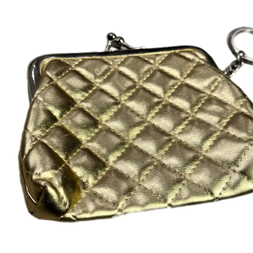 Vintage Quilted Gold Metallic Kiss-Lock Coin Purse Keychain